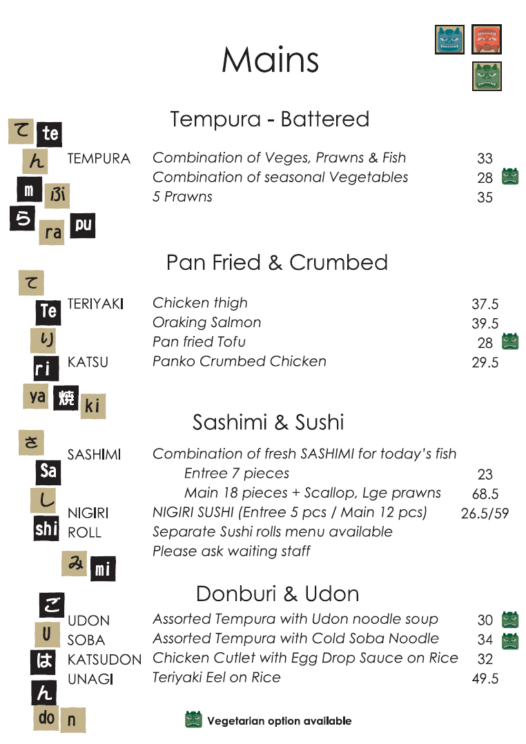 Menu page 2: tempura, teriyaki, sashimi, sushi, donburi and udon